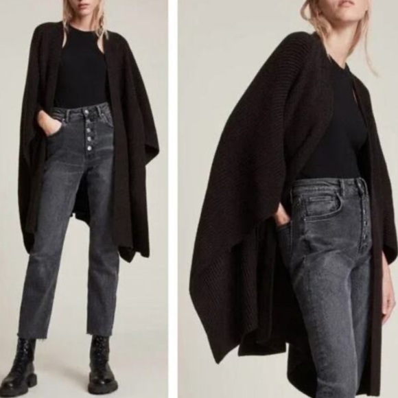 AllSaints Traveling Rib Knit Ruana | One Size | Black Oversized Shawl Cape - Picture 2 of 3